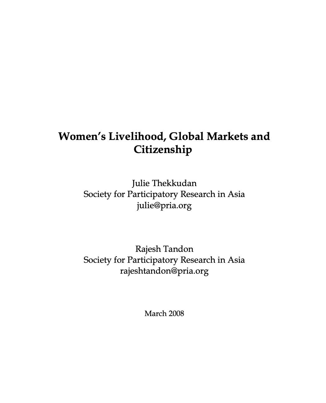 Women’s Livelihood, Global Markets and Citizenship